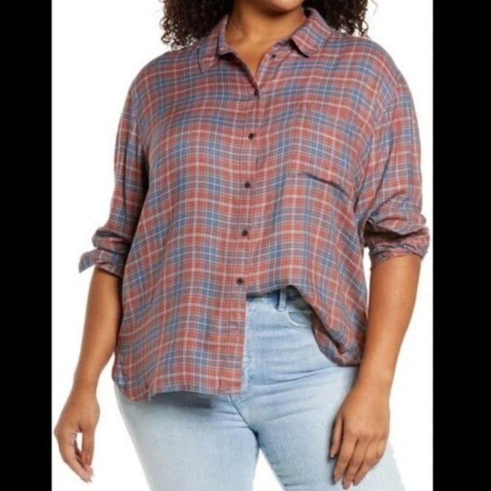 Treasure & Bond Women's Sz Medium Boyfriend Button Down Flannel Shirt Blue Plaid